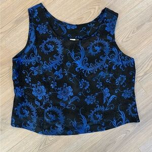 Black and Blue Floral Brocade Sleeveless Crop Top